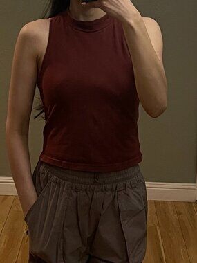 Rust High Neck Sleeveless Fitted Top | Minimal Chic Basic